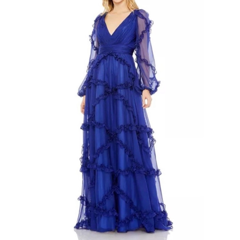 Mac Duggal A68223 Sapphire Blue Cascade Ruffle Puff Sleeve A Line Gown - Reemoly